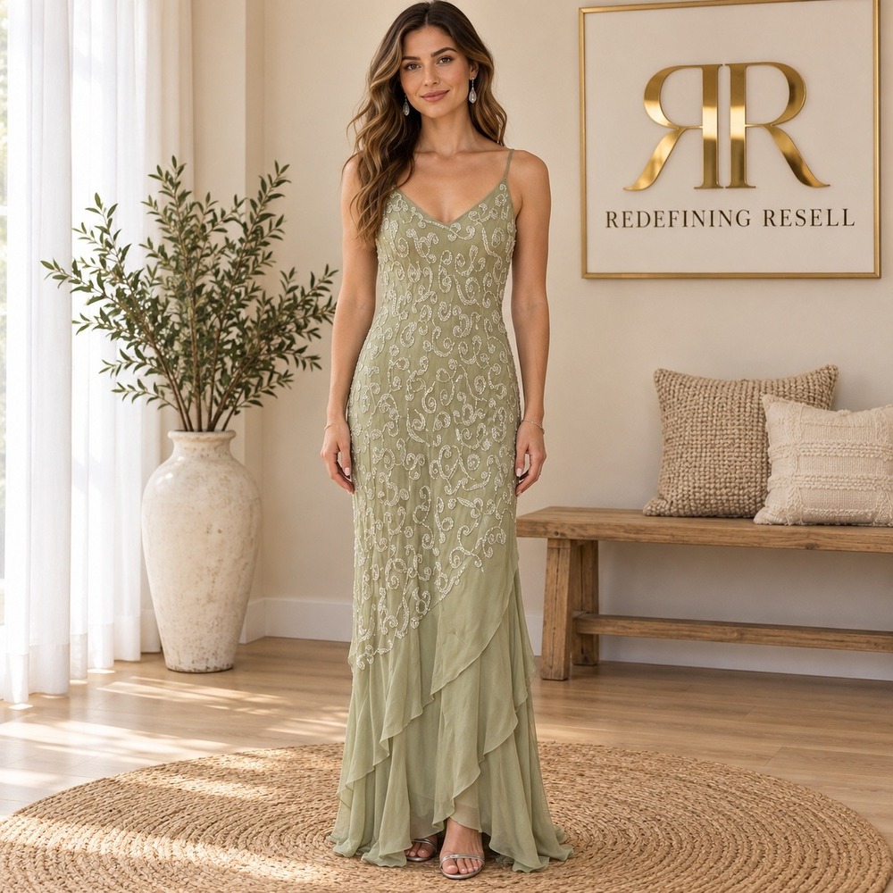 Sue Wong Nocturne Sage Green Silk Beaded Sequin Asymmetric Maxi Dress N1112 8